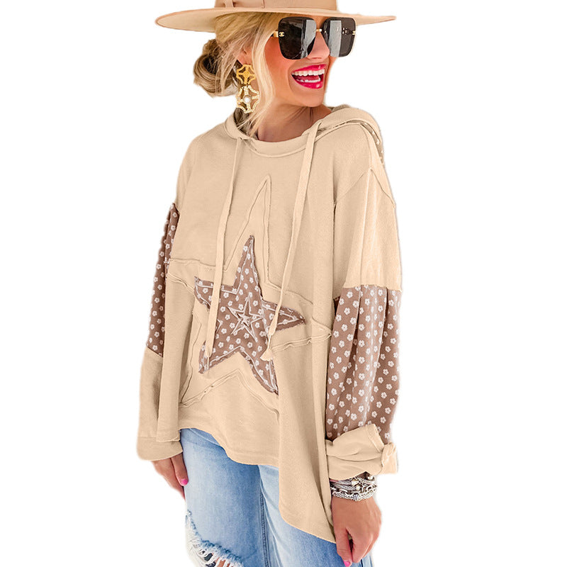 Winter New Women’s Hoodie – Casual Loose Pullover with Star & Floral Patchwork
