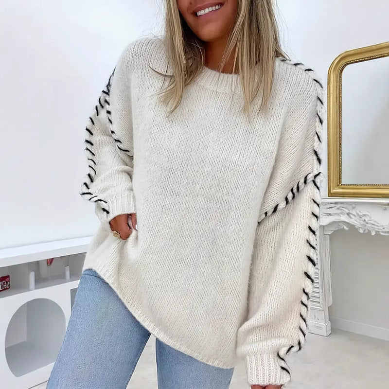 Women’s Solid Color Knit Sweater | Loose Fit Pullover with Drawstring Design · Casual Long Sleeve Top