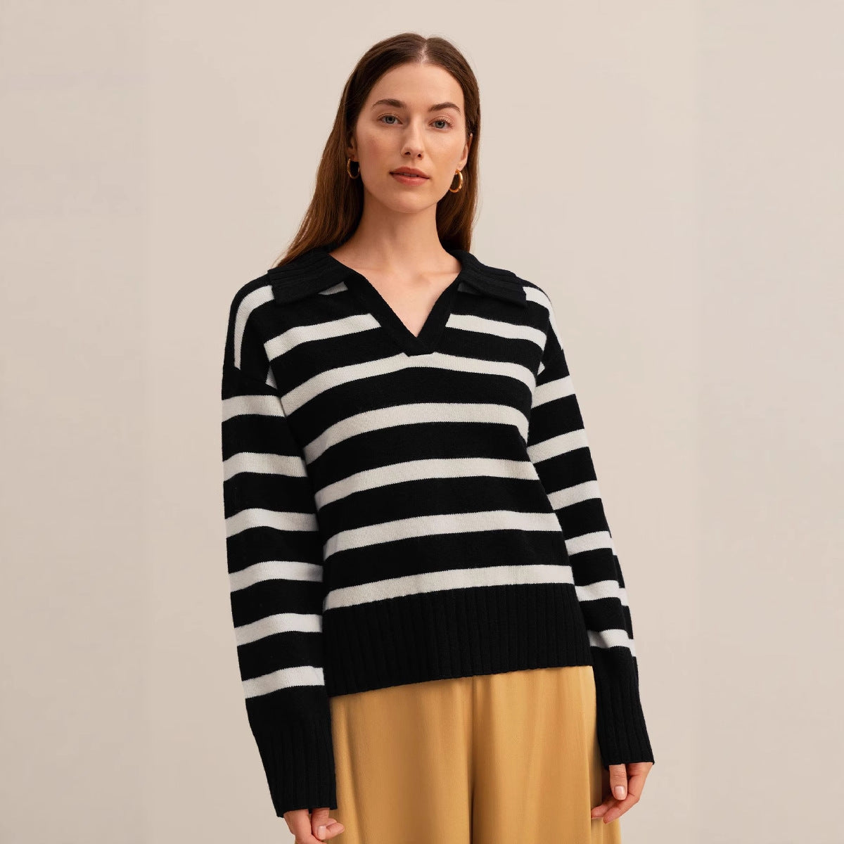 Women’s Autumn Winter Knit Sweater – Loose Fit Colorblock Polo Collar Pullover