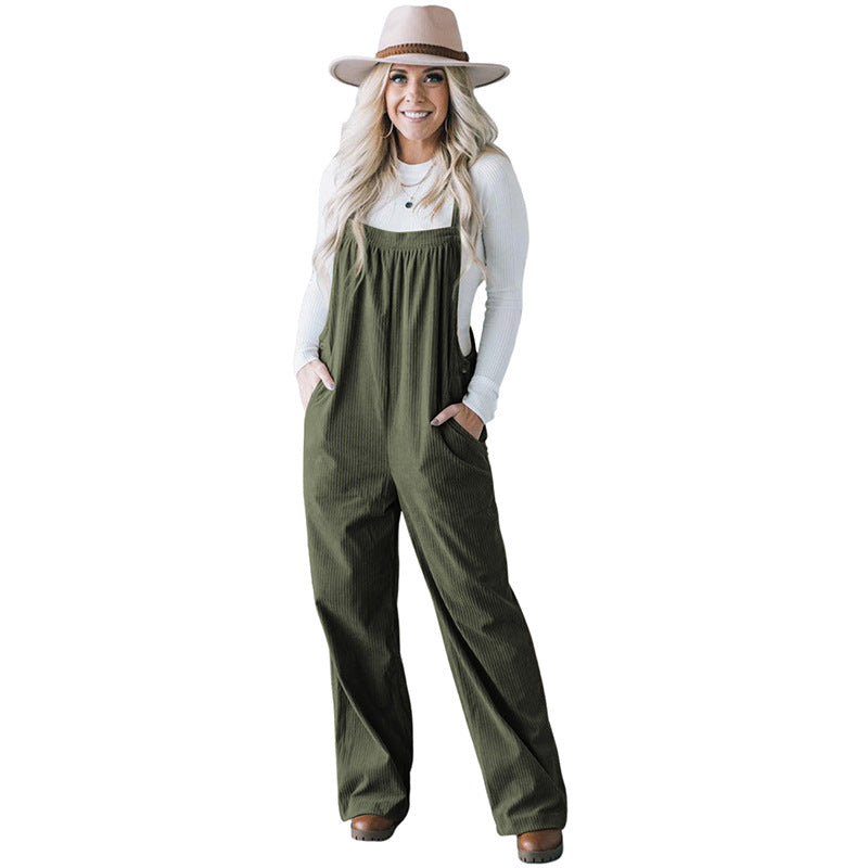 Autumn 2025 Women’s Corduroy Overalls – Solid Color Multi-Pocket Jumpsuit