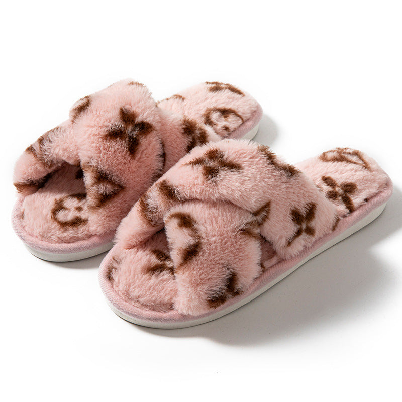 Women’s Open-Toe Slippers – Clover Cross Strap Faux Rabbit Fur Slides, All-Season