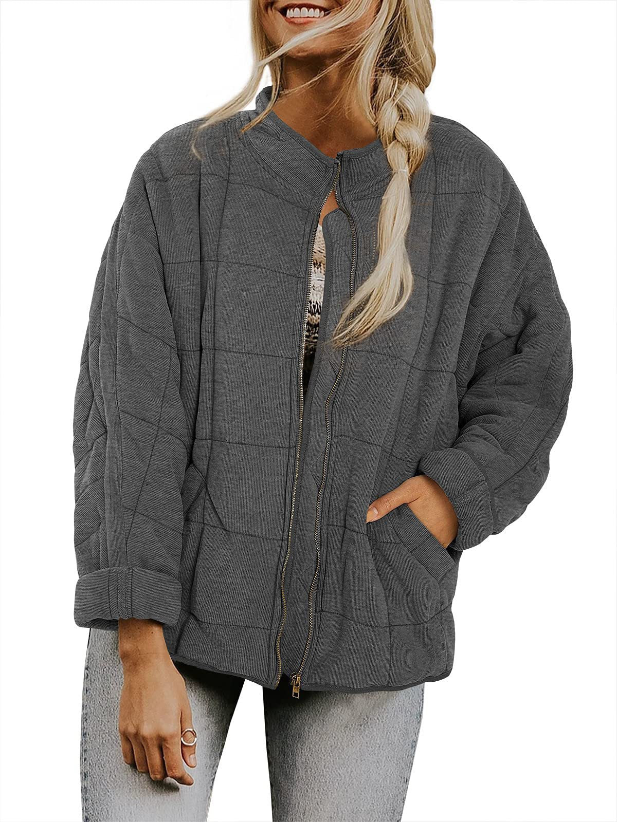 ✨ Solid Color Stand Collar Cotton Jacket for Women – Loose Fit Long Sleeve Pocket Coat