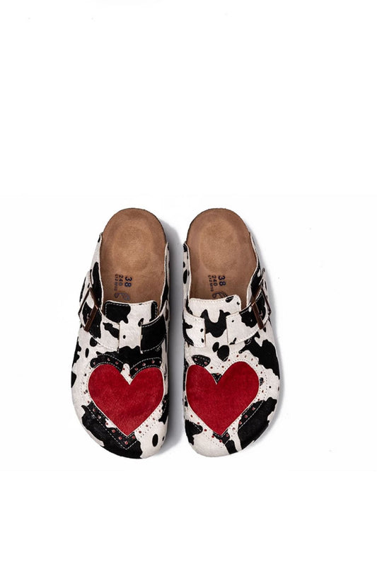 Women’s Fur Birkens Style Mules – Heart Design Flat Slip-On Loafers, Casual Outdoor Shoes