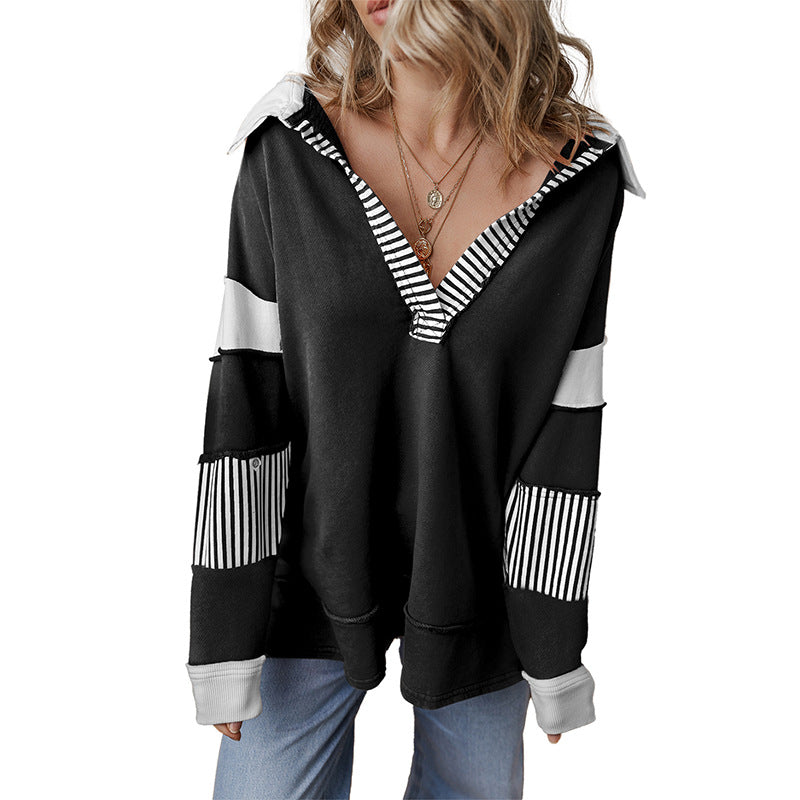 Casual Loose V-Neck Sweatshirt for Women – 2025 Fall New Striped Patchwork Pullover Top