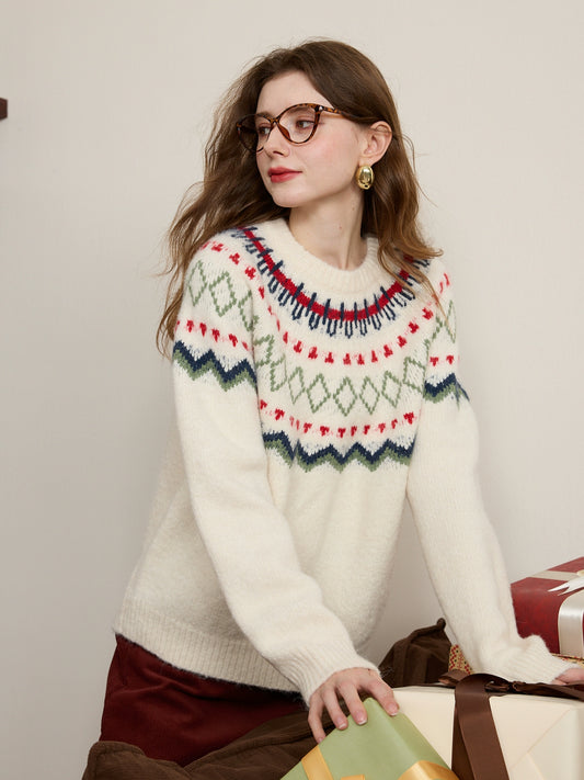 Fair Isle Knit Sweater for Women | Raglan Sleeve Pullover | Cozy Winter Patterned Jumper