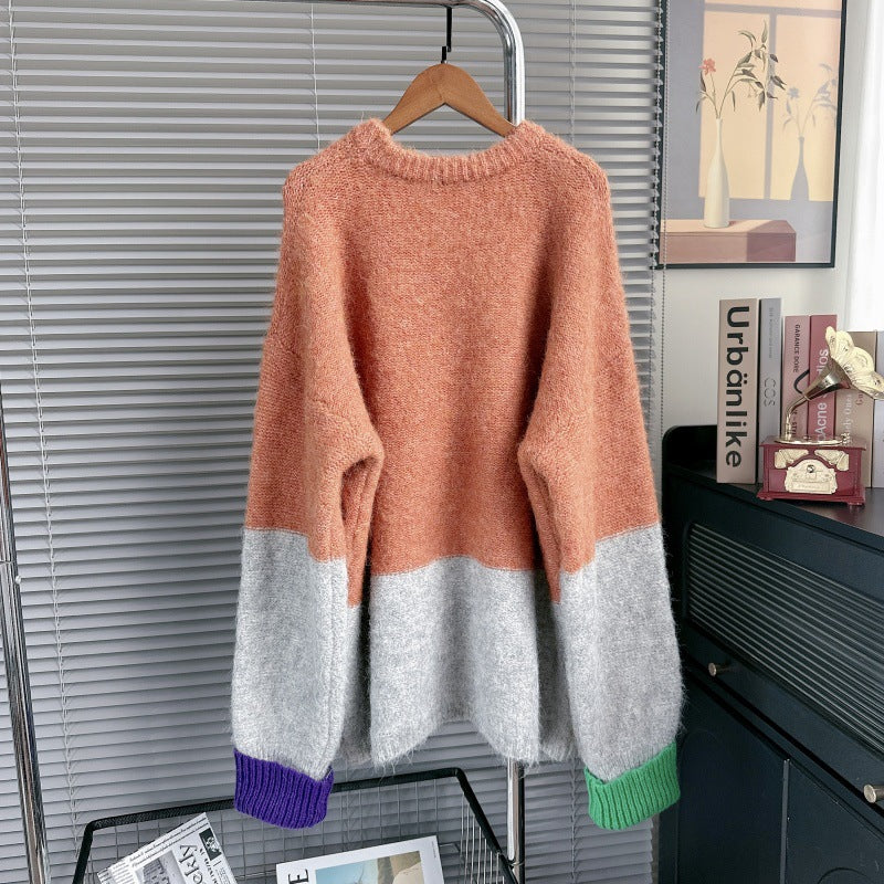 2025 Women’s Lazy Style Color-Block Jacquard Knit Sweater – Trendy Crewneck Pullover