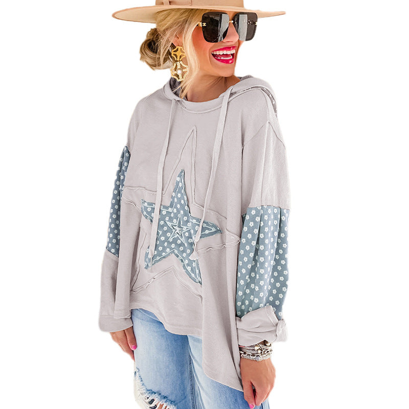 Winter New Women’s Hoodie – Casual Loose Pullover with Star & Floral Patchwork