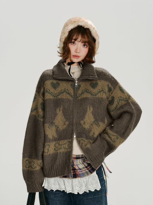 American Vintage Fair Isle Knit Cardigan – Loose Cozy Zipper Sweater for Women