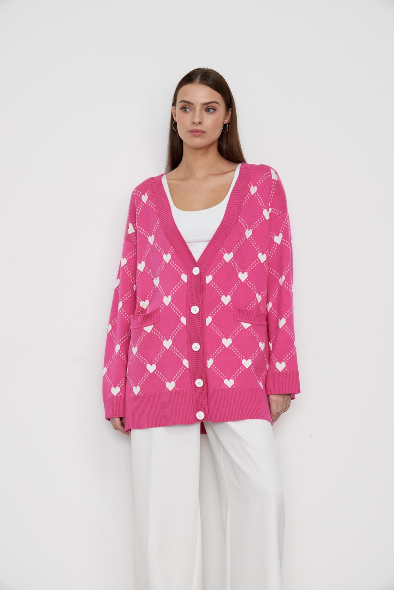Heart Jacquard Cardigan for Women | Fall Knit Open Front Sweater