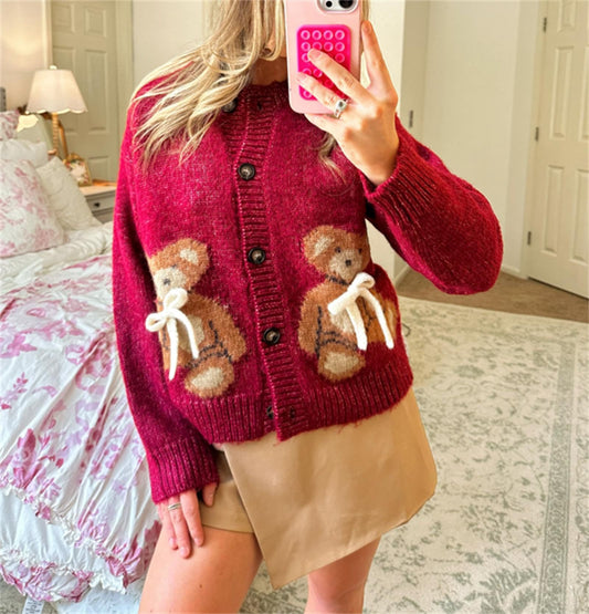 2025 Y2K Bear Knit Cardigan | Women’s Cute Sweater Jacket Aesthetic Fashion Outfit