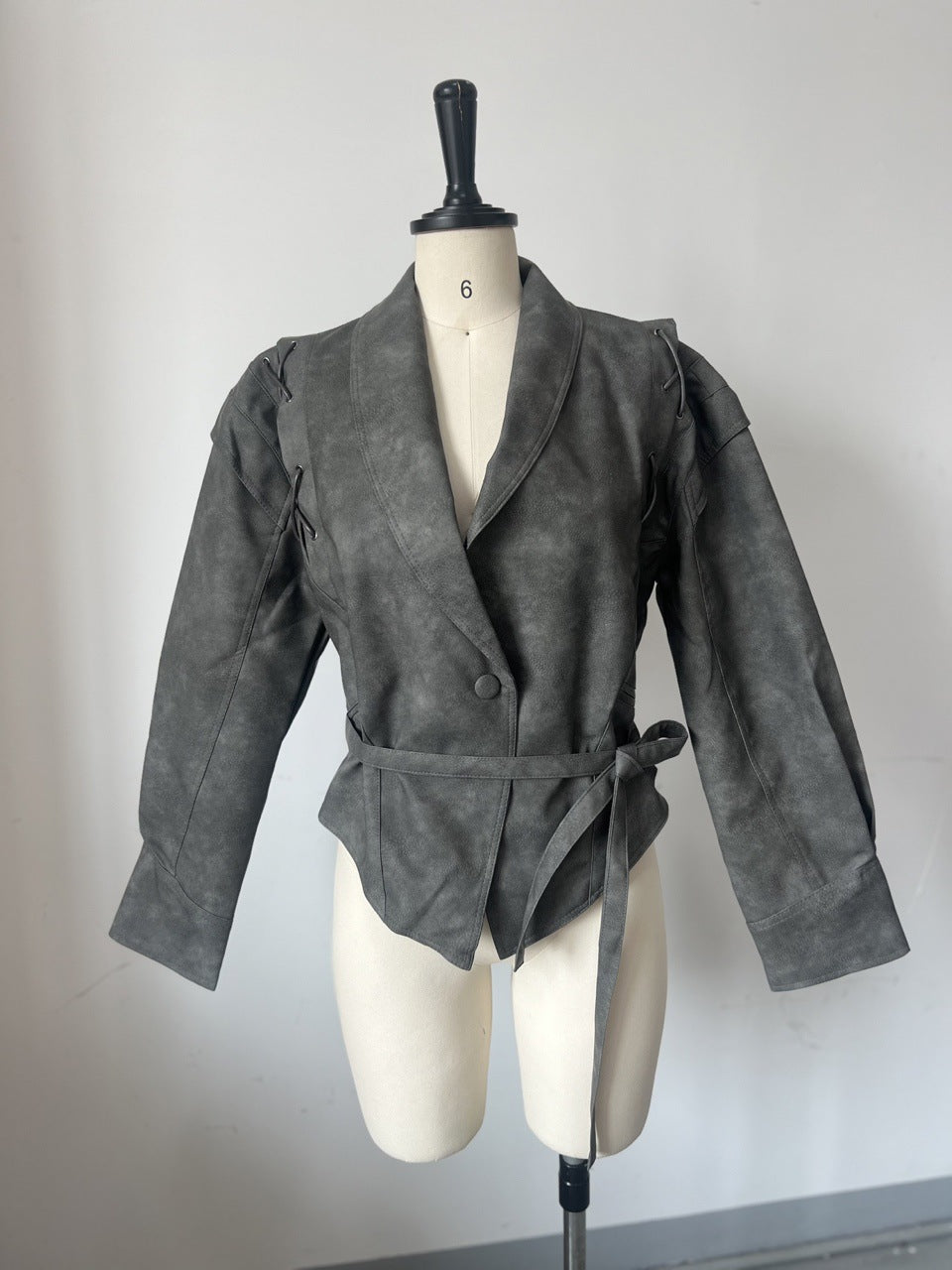Women’s Retro Faux Leather Jacket – Autumn Street Style Tie-Waist Turn-Down Collar Outerwear