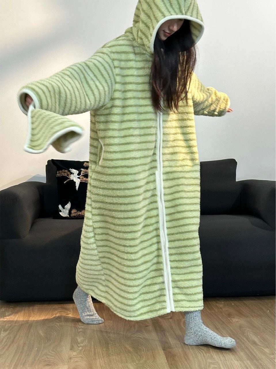 Striped Coral Fleece Hoodie Robe for Women | Thick & Warm Cozy Pajamas