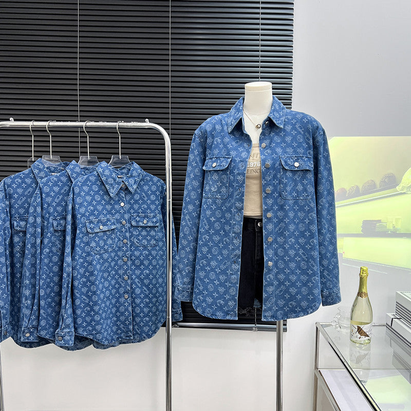 Women’s Printed Jacquard Denim Jacket – Spring Autumn Loose Casual Top