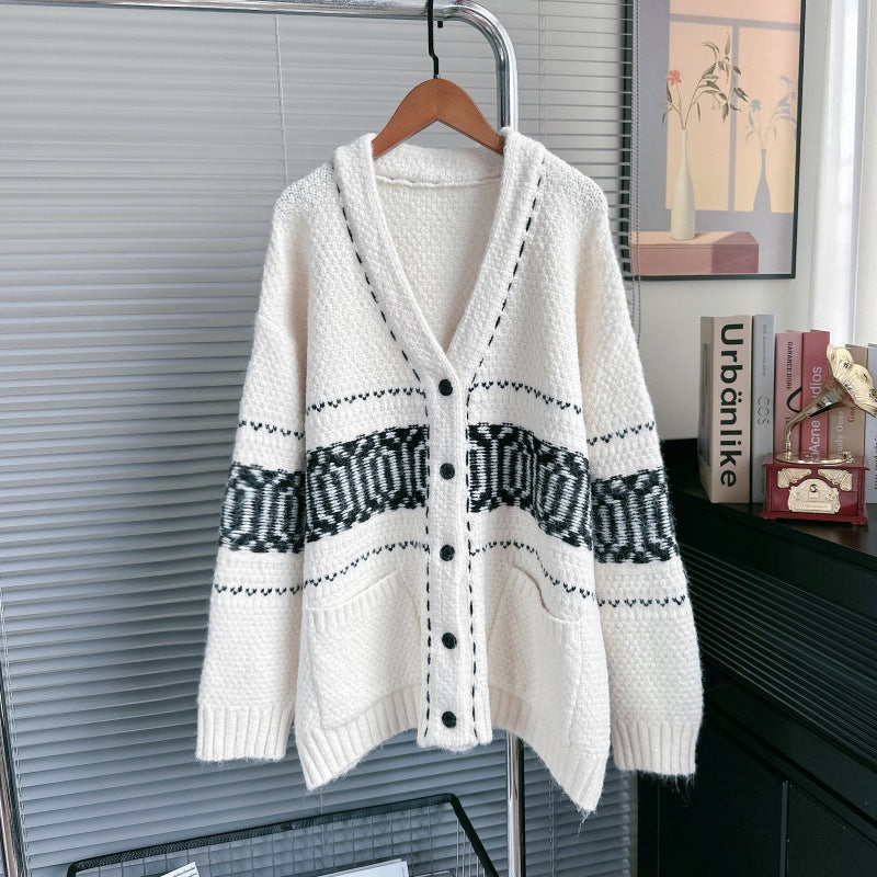 Autumn Winter 2025 Women’s Handmade Stitch V-Neck Cardigan – Loose Lazy Knit Sweater