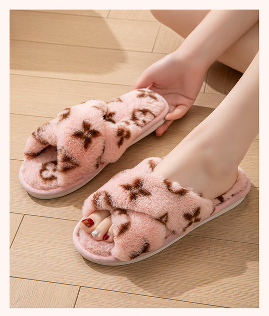 Women’s Open-Toe Slippers – Clover Cross Strap Faux Rabbit Fur Slides, All-Season