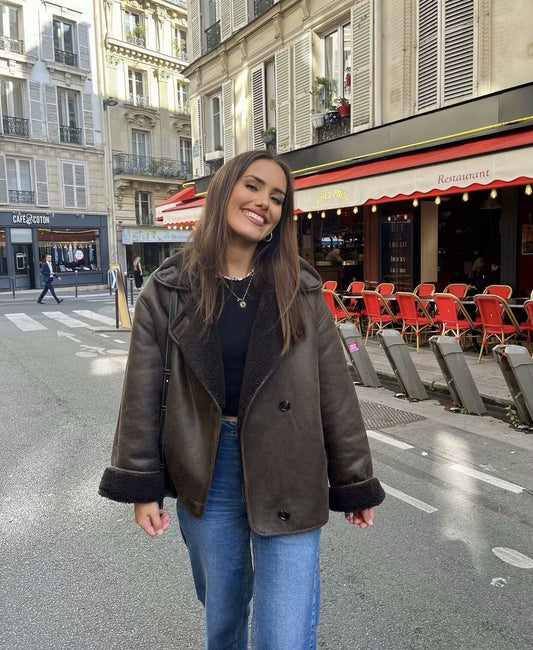 Women’s Reversible Faux Leather & Fur Jacket – Spring Autumn Casual Turn-Down Collar Outerwear