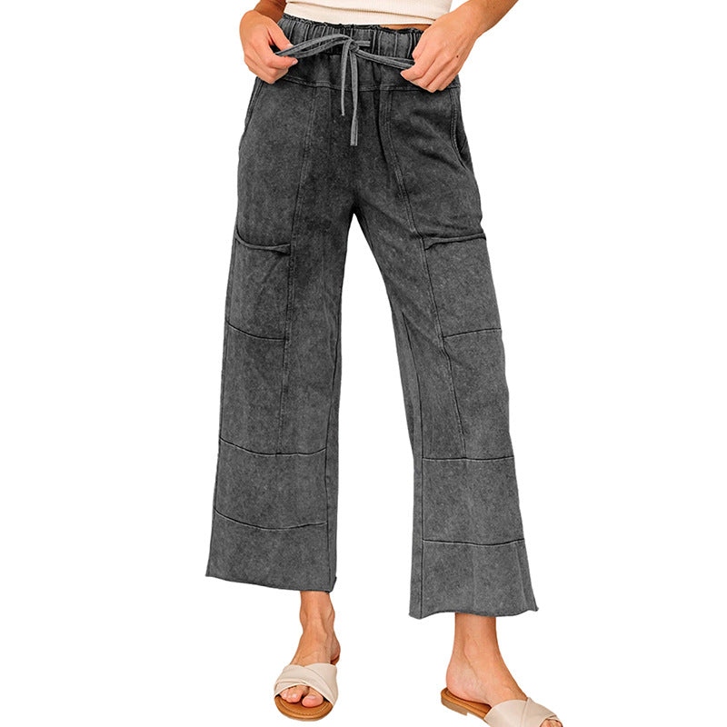 2025 Autumn New Arrival | High-Waisted Drawstring Wide-Leg Pants for Women with Large Cargo Pockets – Solid Color Casual Trousers