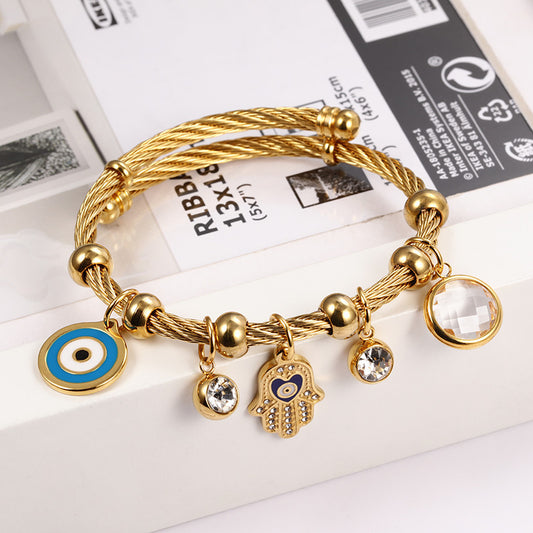 18K Gold Plated Stainless Steel Adjustable Hamsa Hand Bracelet | Women’s Titanium Steel Diamond Accent Jewelry