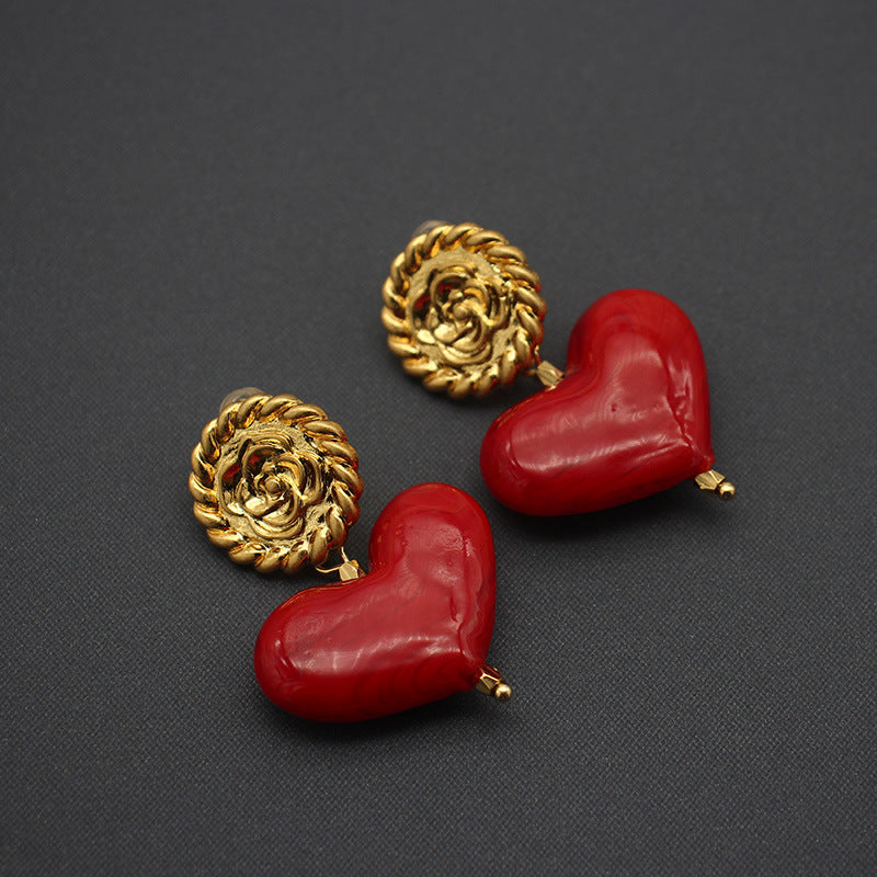 Handmade Red Heart Glass Necklace & Earrings Set | Vintage Pearl Jewelry with Clip-On Earrings
