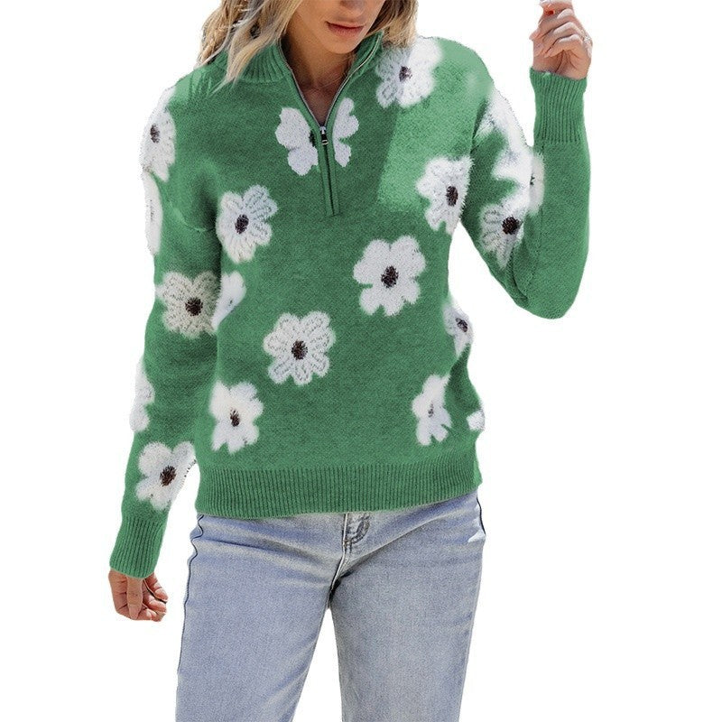 2025 Fall New Women’s Drop Shoulder Sweater – Casual Long Sleeve Floral Print Knit Top