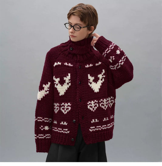 Fair Isle Turtleneck Cardigan – Women’s Loose Nordic Winter Knit