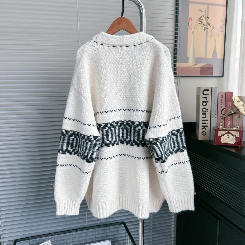 Autumn Winter 2025 Women’s Handmade Stitch V-Neck Cardigan – Loose Lazy Knit Sweater