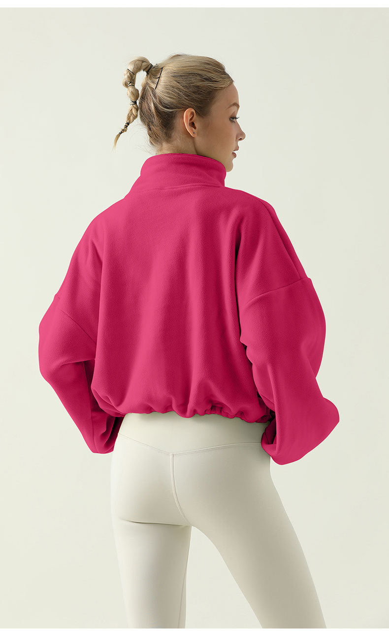 Women’s Thick Sherpa Fleece Yoga Jacket – Autumn Winter High Neck Drawstring Windproof Hoodie