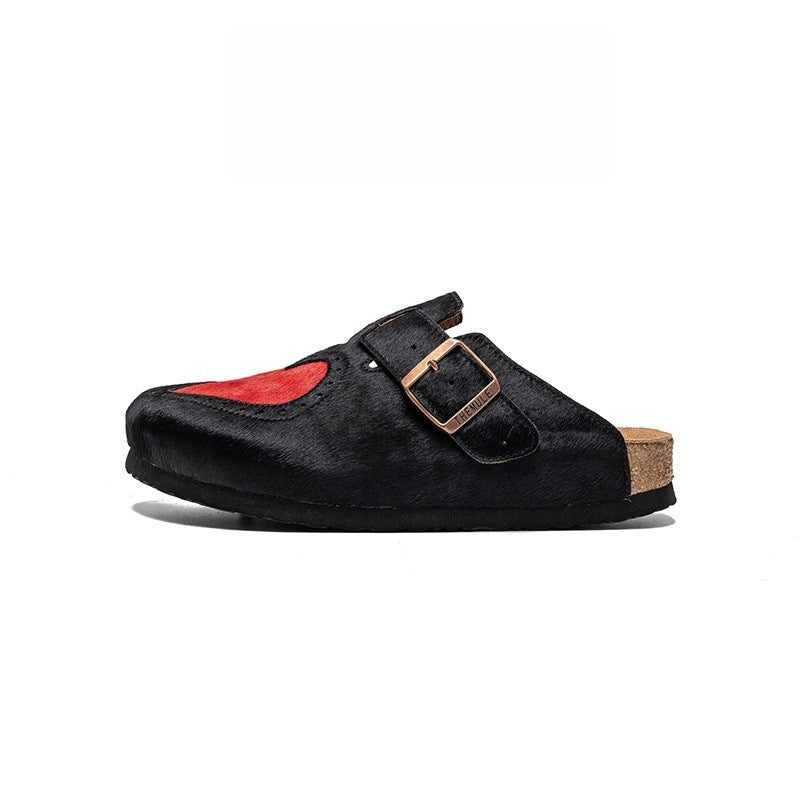 Women’s Fur Birkens Style Mules – Heart Design Flat Slip-On Loafers, Casual Outdoor Shoes