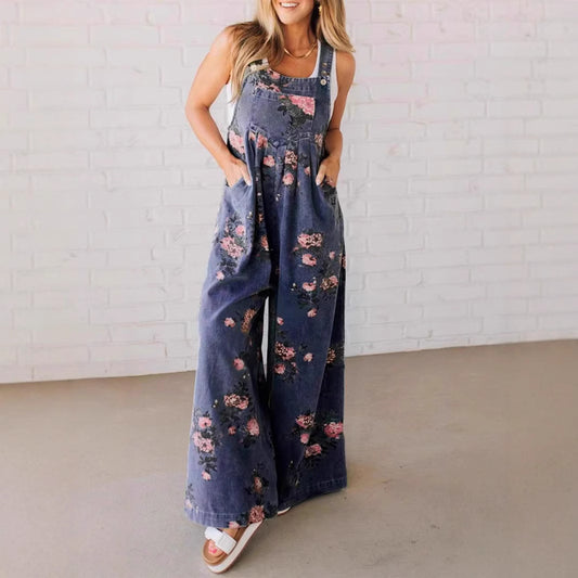 Women’s Fashion Denim Floral Jumpsuit – Casual Sleeveless Overall