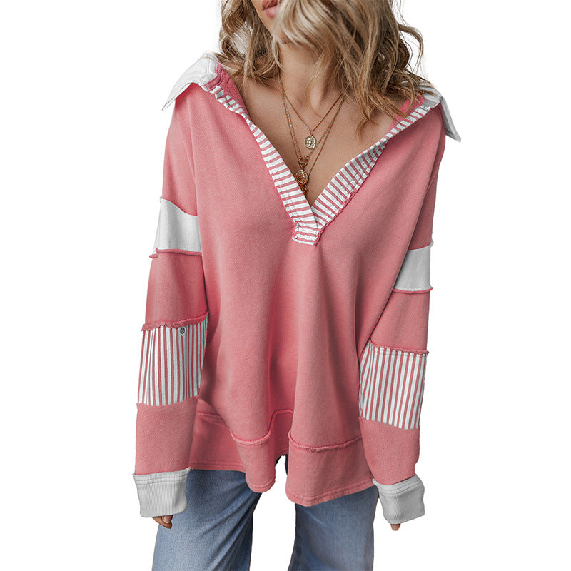 Casual Loose V-Neck Sweatshirt for Women – 2025 Fall New Striped Patchwork Pullover Top