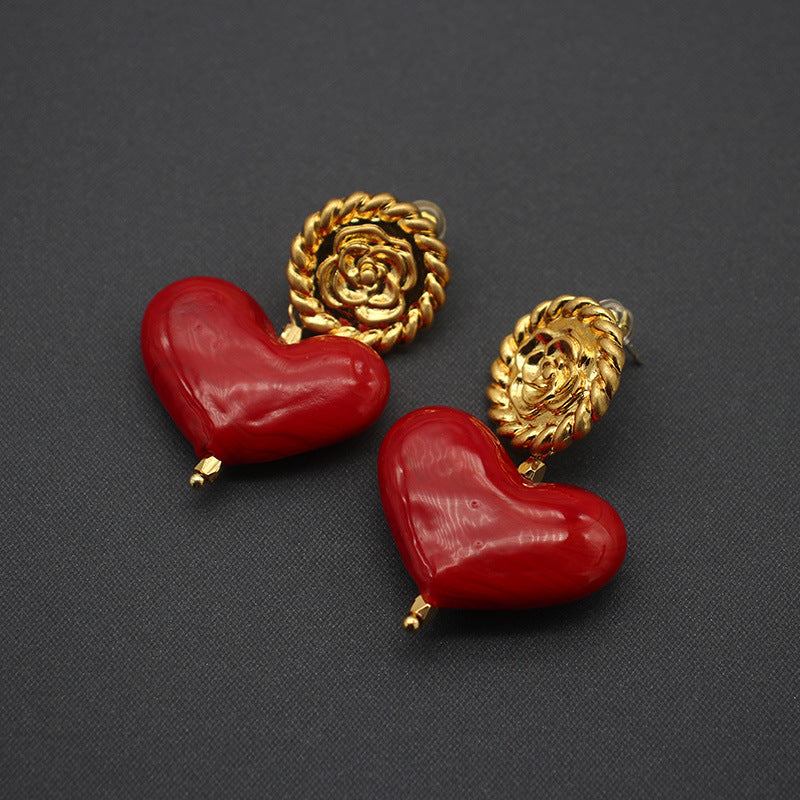Handmade Red Heart Glass Necklace & Earrings Set | Vintage Pearl Jewelry with Clip-On Earrings