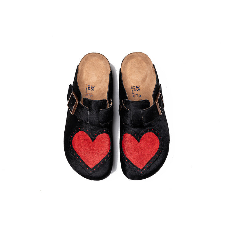 Women’s Fur Birkens Style Mules – Heart Design Flat Slip-On Loafers, Casual Outdoor Shoes