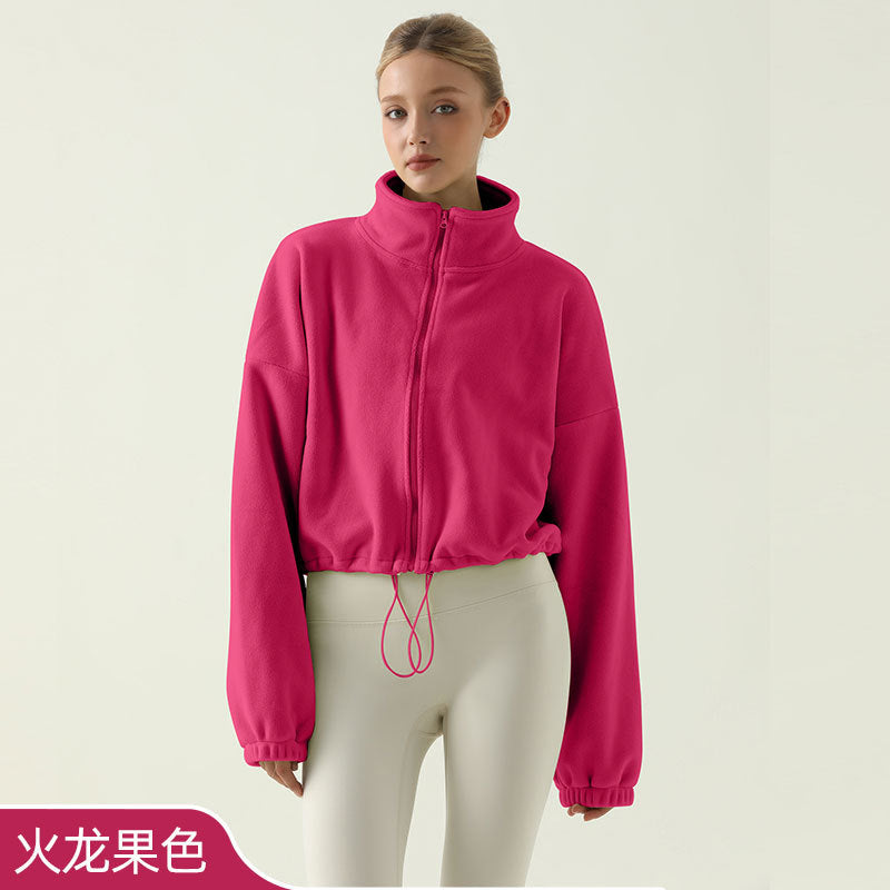 Women’s Thick Sherpa Fleece Yoga Jacket – Autumn Winter High Neck Drawstring Windproof Hoodie