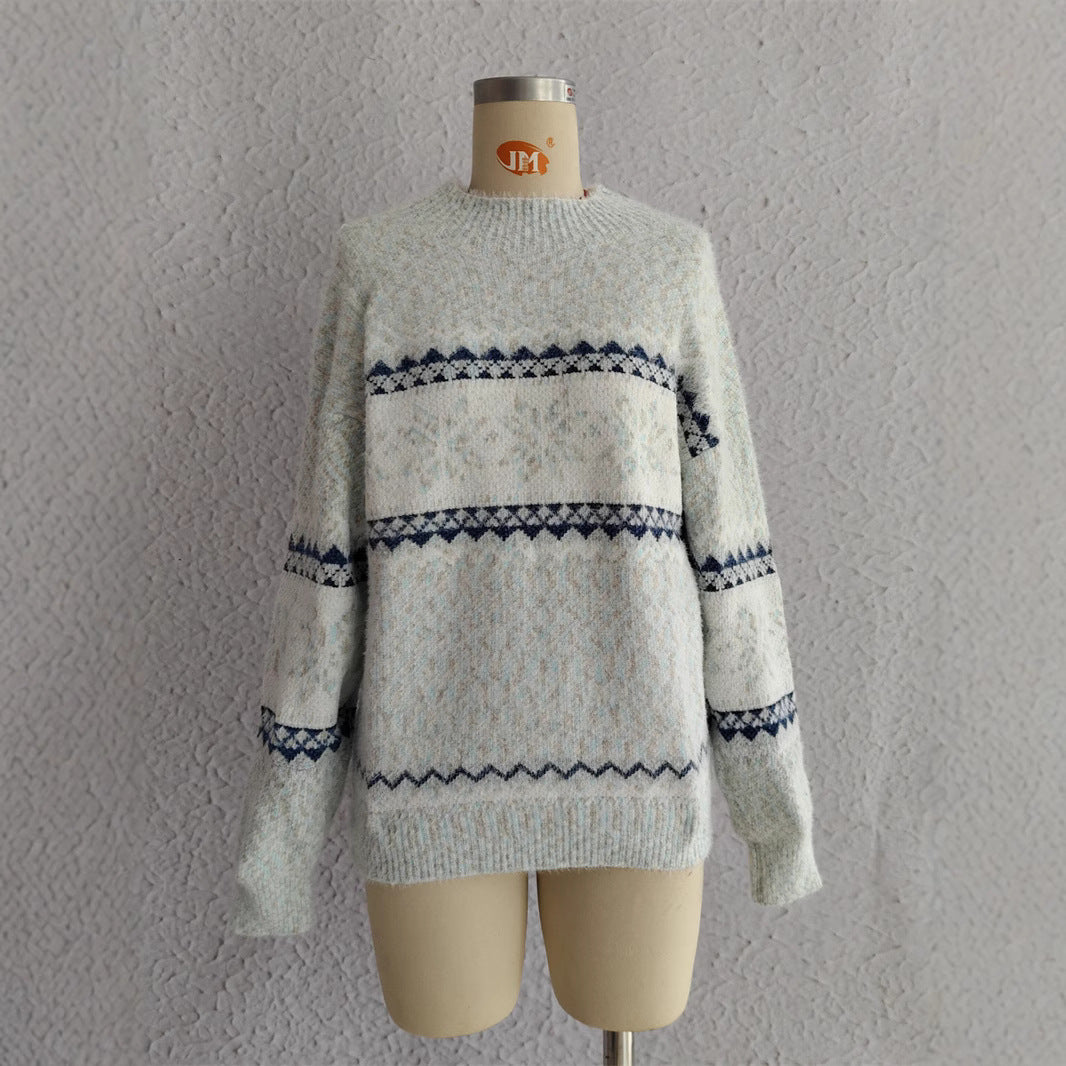 Autumn Winter 2025 Women’s Christmas Snowflake Chenille Sweater – Semi-Turtleneck Knit Pullover