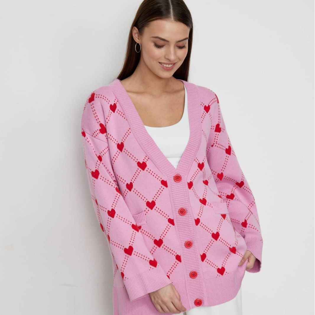 Heart Jacquard Cardigan for Women | Fall Knit Open Front Sweater
