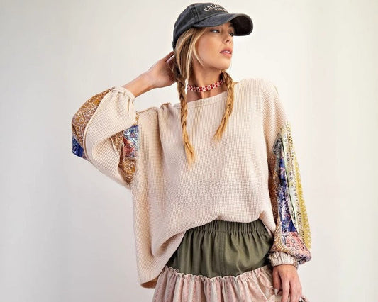 Women’s Waffle Knit Patchwork Sweatshirt | Long Sleeve Printed Autumn Top