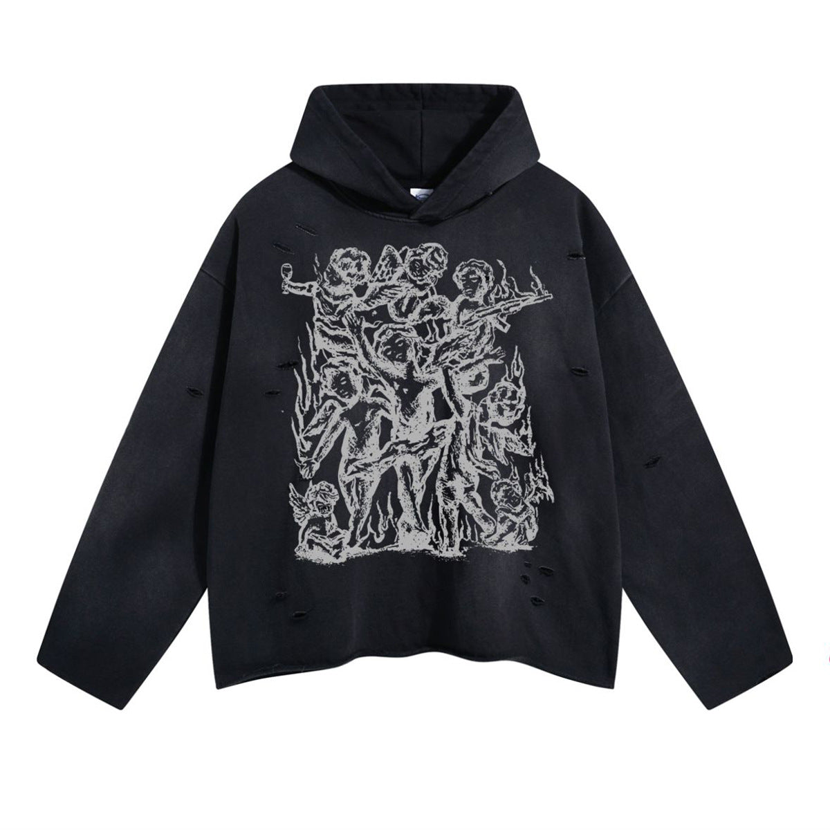 A08 Irregularly ripped, raw-edge printed hooded sweatshirt