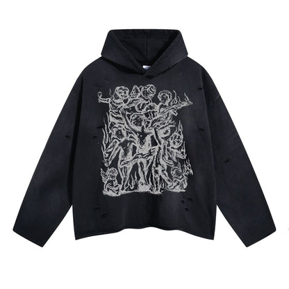 A08 Irregularly ripped, raw-edge printed hooded sweatshirt