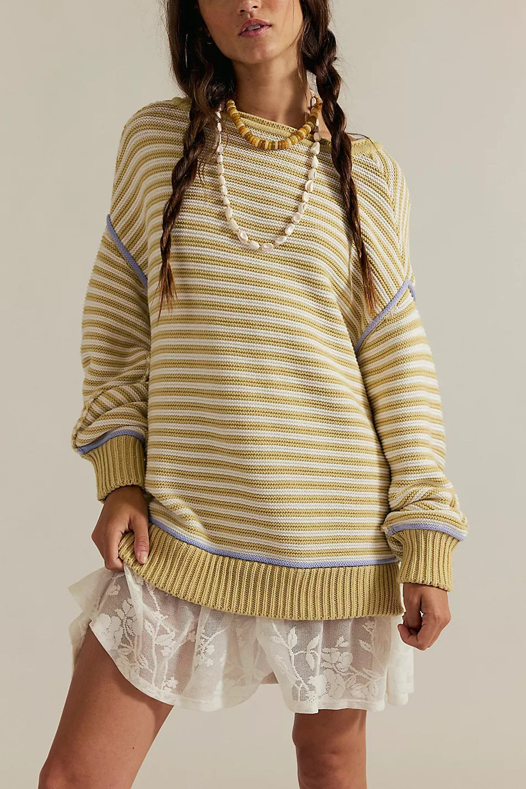 Autumn and winter striped knitted round neck pullover loose long sleeve sweater