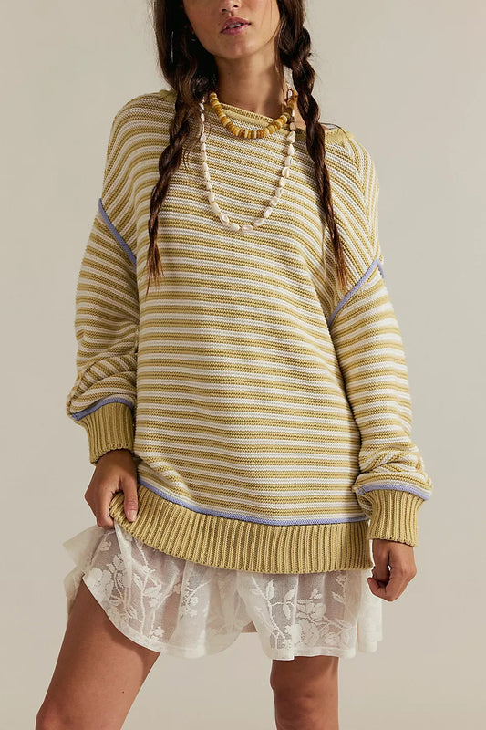 Autumn and winter striped knitted round neck pullover loose long sleeve sweater
