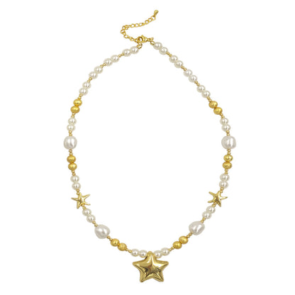 Trendy Star Pendant Necklace with Faux Pearl Beads | Short Brass Chain for Women