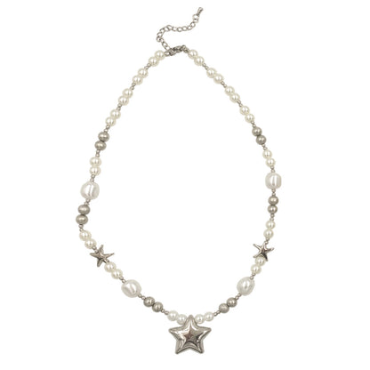 Trendy Star Pendant Necklace with Faux Pearl Beads | Short Brass Chain for Women