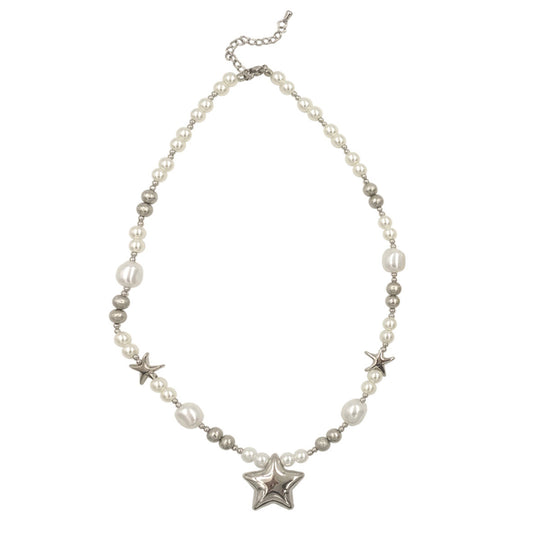 Trendy Star Pendant Necklace with Faux Pearl Beads | Short Brass Chain for Women