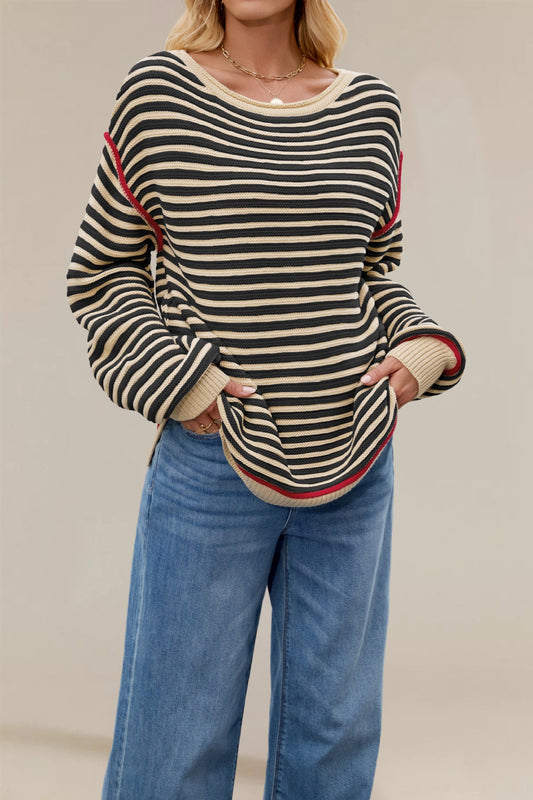 Autumn and winter striped knitted round neck pullover loose long sleeve sweater