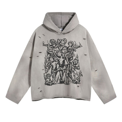 A08 Irregularly ripped, raw-edge printed hooded sweatshirt