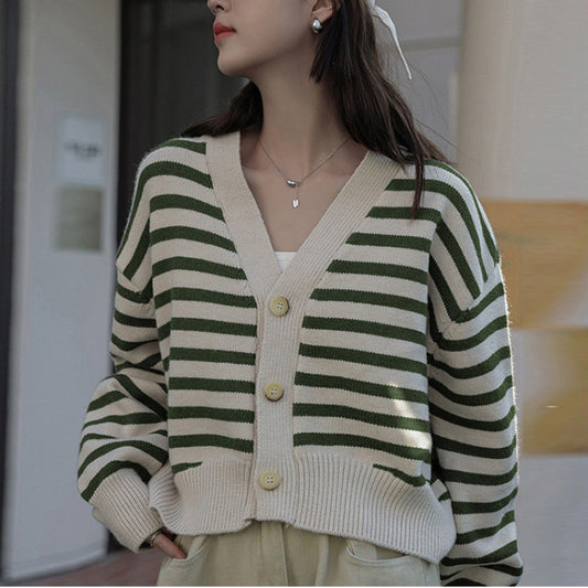 A10 Korean Style Short Knit Cardigan – Casual Loose V-Neck Sweater for Women