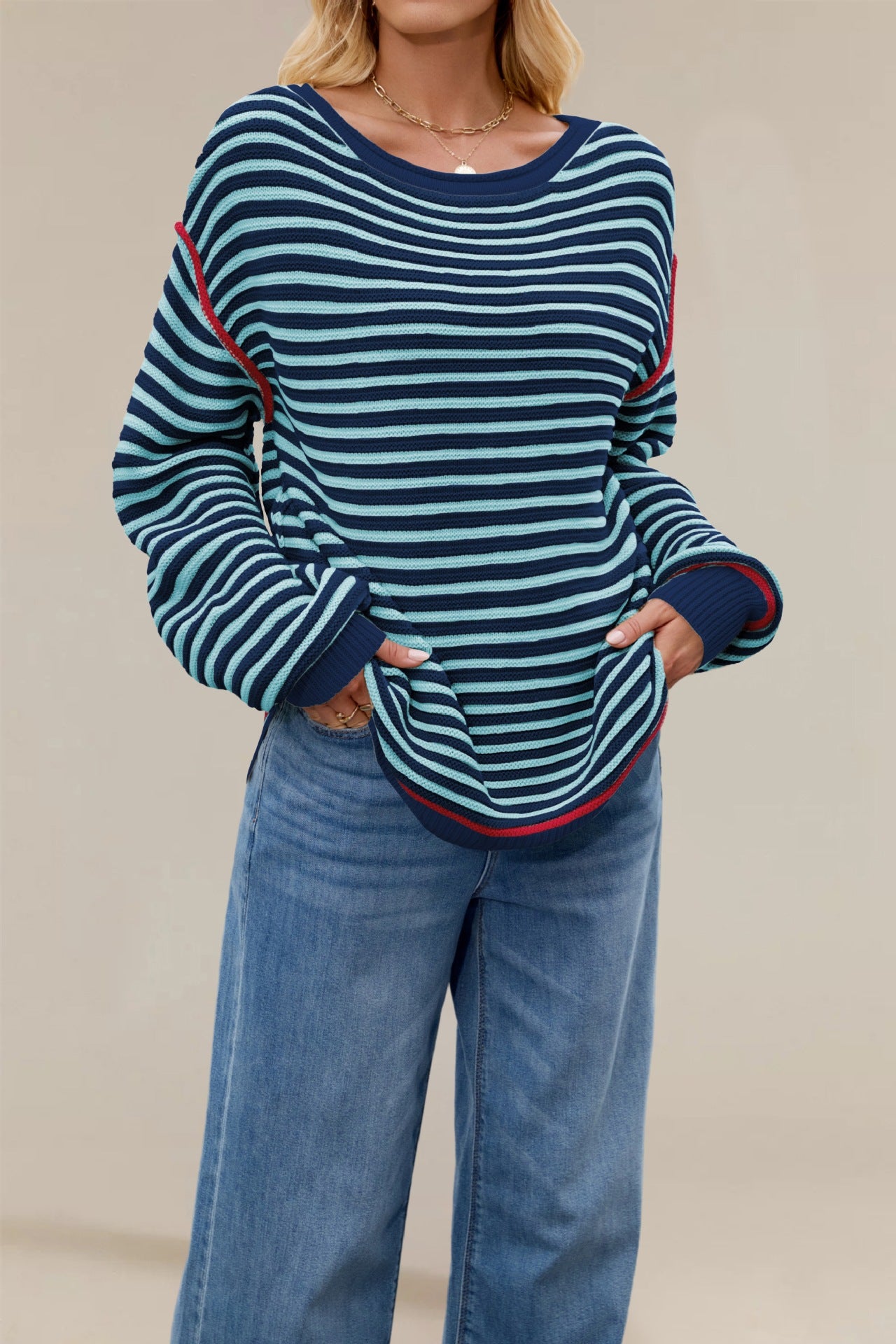 Autumn and winter striped knitted round neck pullover loose long sleeve sweater