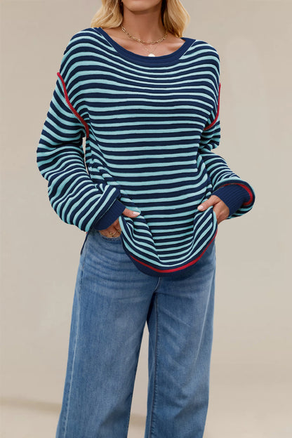 Autumn and winter striped knitted round neck pullover loose long sleeve sweater