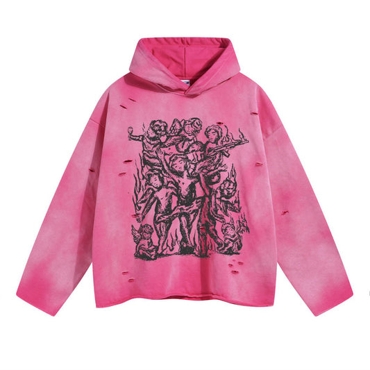 A08 Irregularly ripped, raw-edge printed hooded sweatshirt