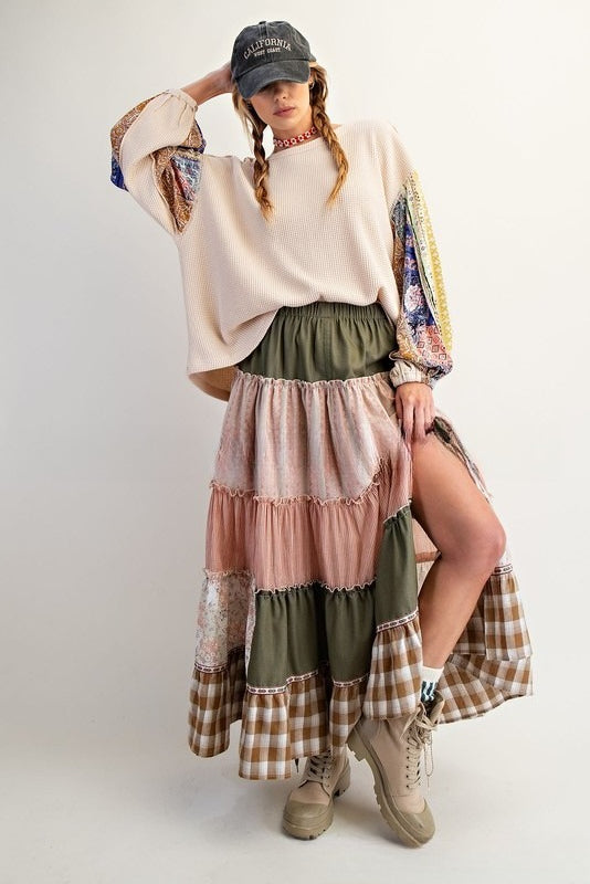 Women’s Waffle Knit Patchwork Sweatshirt | Long Sleeve Printed Autumn Top